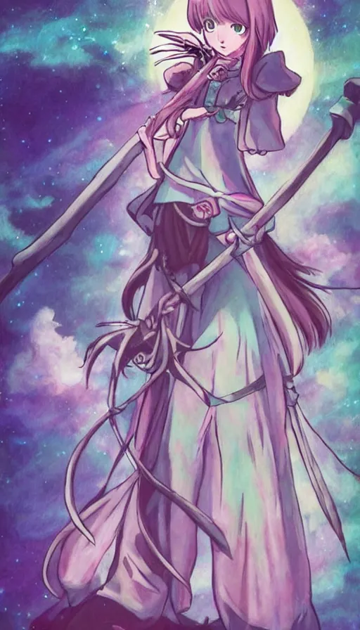 Image similar to a beautiful link drawing of the being death as a cute anime girl with a giant scythe from a studio ghibli film inspired by the death tarot card, dark vibes, pastel colors, cosmic, high quality