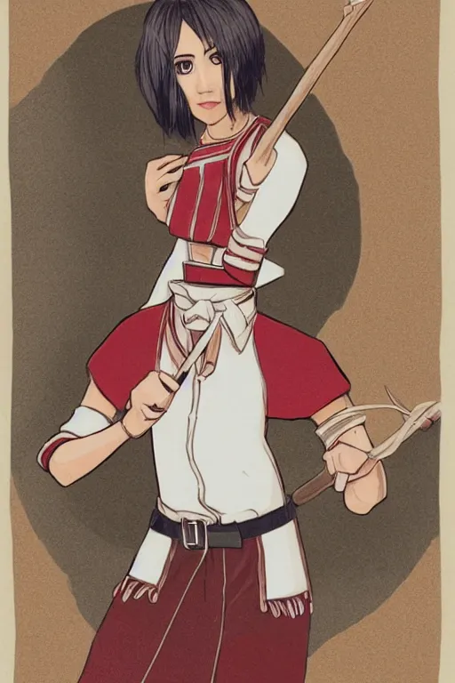 Image similar to young-looking dark-skinned british female mage with brown bob-cut hair, wearing white shirt and necklace with grey short-sleeved jacket with red trim, belt, black pants and boots with red lacing, and carrying a wooden staff with floating red crystals. illustrated by Viorie