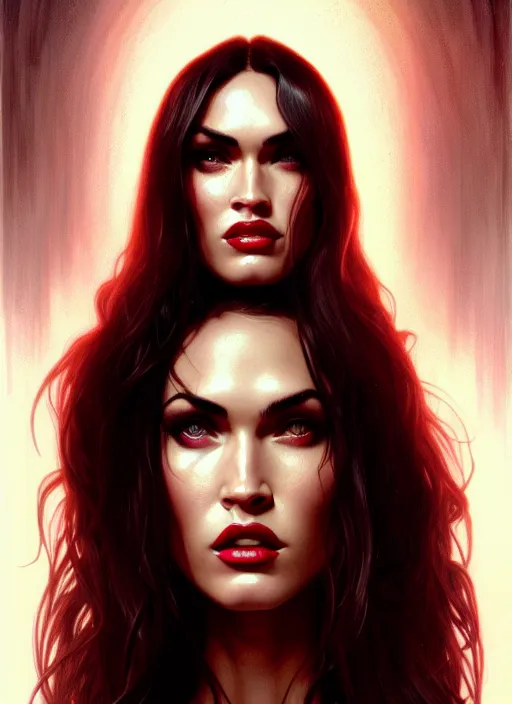 Image similar to portrait of megan fox as a vampire queen, jewelry, greek, dark ruby, intricate, headshot, highly detailed, digital painting, artstation, concept art, sharp focus, cinematic lighting, illustration, art by artgerm and greg rutkowski, alphonse mucha, cgsociety