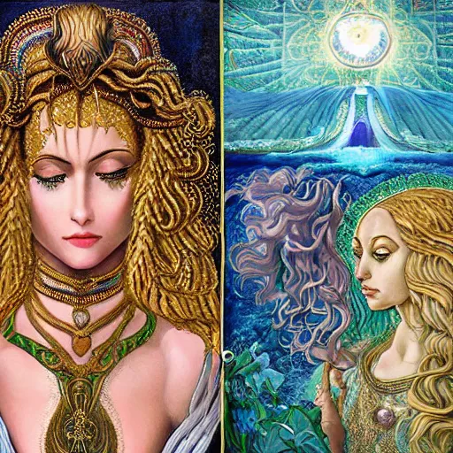 Image similar to intricate details, hyper detailed, mystic alchemical occult art, sumerian goddess inanna ishtar, ashteroth, techno mystic goddess princess intergalactica, with aqua neon rapunzel dreadlocks, detailed, wearing seashell attire, crystal pathway on the sea to atlantis, by sandro botticelli