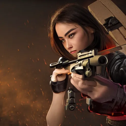 Image similar to a female android martial-artist/mercenary holding a rifle Photorealistic HD 8k highlights and shadow detailed High Resolution