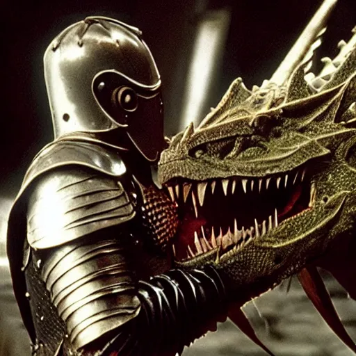 Image similar to a knight kissing a dragon. Amazing movie still.