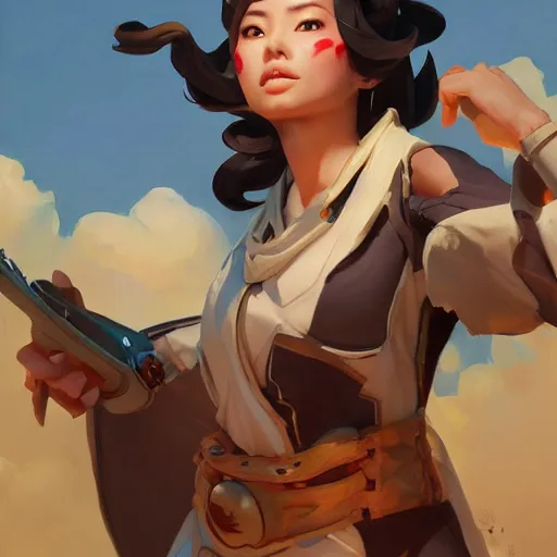 Prompt: greg manchess portrait of girl sorcerer as overwatch character, matte painting, bold shapes, hard edges, by huang guangjian, gil elvgren, sachin teng. in a beautiful landscape full of emotions, cgsociety masterpiece, artstation trending, by rossdraws, ghibli, kimi no na wa, greg rutkowski, simon stalberg, greg manchess