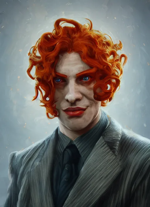 Image similar to biohazard portrait of curly orange hair man from bioshock, au naturel, hyper detailed, digital art, trending in artstation, cinematic lighting, studio quality, smooth render, unreal engine 5 rendered, octane rendered, art style by klimt and nixeu and ian sprigger and wlop and krenz cushart.