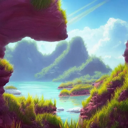 Image similar to painting of a lush natural scene on an alien planet trending on artstation. beautiful landscape. weird vegetation. cliffs and water.