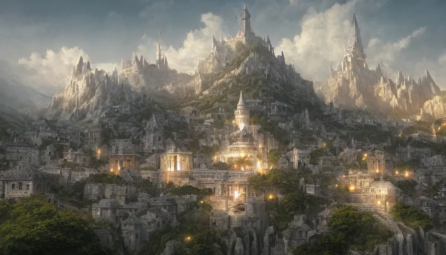 Image similar to A highly detailed matte painting of Minas Tirith, by Studio Ghibli, Makoto Shinkai, by Artgerm, by WLOP, by Greg Rutkowski, volumetric lighting, octane render, 4K resolution, trending on artstation, masterpiece