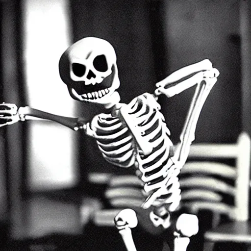 Image similar to a dancing skeleton, 9 0's film