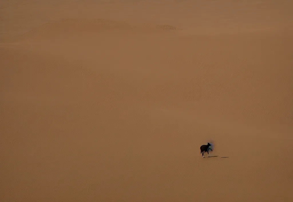 Prompt: a horse made out of flesh walking across sand dunes