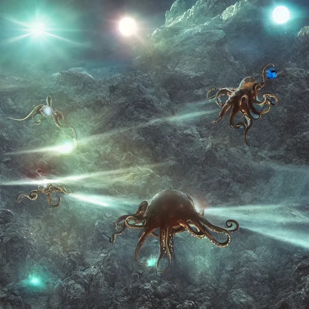 Prompt: organic octopus helicopter flying over a mountainous alien landscape inspecting floating sun crystals, refraction, reflections, chromatic aberration, light scatter, ray tracing, dramatic sci-fi movie still