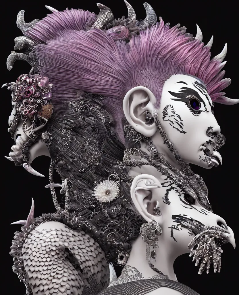 Image similar to 3 d goddess close - up profile portrait punk with mohawk with ram skull. beautiful intricately detailed japanese crow kitsune mask and clasical japanese kimono. betta fish, jellyfish phoenix, bio luminescent, plasma, ice, water, wind, creature, artwork by tooth wu and wlop and beeple and greg rutkowski