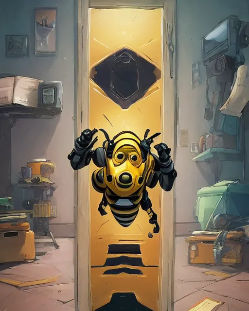 Image similar to a humanoid bee standing in his home in front of the door behance hd artstation by jesper ejsing, by rhads, makoto shinkai and lois van baarle, ilya kuvshinov, ossdraws, that looks like it is from borderlands and by feng zhu and loish and laurie greasley, victo ngai, andreas rocha