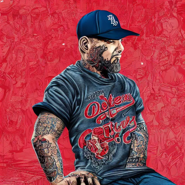 Image similar to the portrait of chaotic neutral los angeles blood's gang member wearing a red dodgers baseball cap, an ultrafine hyperdetailed illustration by kim jung gi, irakli nadar, intricate linework, bright colors, octopath traveler, final fantasy, unreal engine 5 highly rendered, global illumination, radiant light, detailed and intricate environment