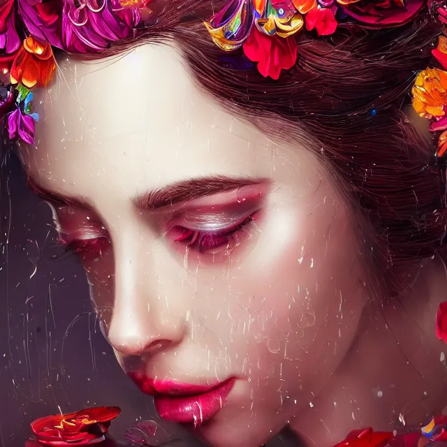 Image similar to studio portrait absurdly beautiful, elegant, lovely, young hypercolorful sensual russian woman rubies red petals gems, ultrafine hyperrealistic detailed face illustration by kim jung gi, irakli nadar, intricate linework, sharp focus, bright colors, matte, octopath traveler, final fantasy, unreal engine highly rendered, global illumination, radiant light, intricate rainbow environment