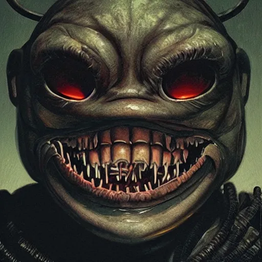 Image similar to minimalist cyborg goblin with maniacal expression and bulging eyes inside byzantine hong kong hoarder labaratory, portrait by by greg rutkowski and h. r. giger and stalenhag and deak ferrand, studio ghibli composition