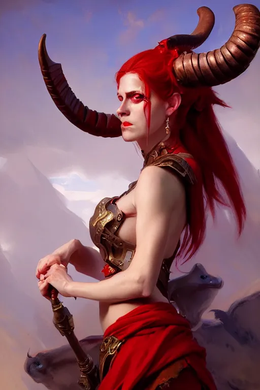 Image similar to painted close - up portrait of a attractive red - skinned intimidating demon girl with ram horns! oil painting, wearing a noblewoman's outfit, fantasy art by greg rutkowski and john singer sargent and gaston bussiere, demon noble character design, hd