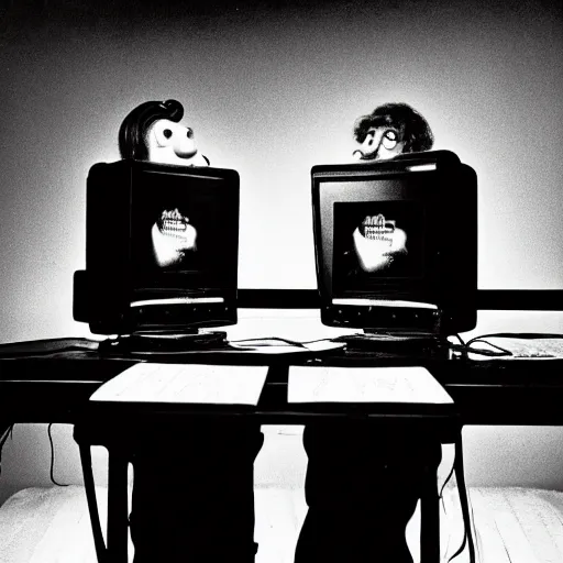 Image similar to a black and white photograph of a computer in love, by robert crumb, by jim henson, high contrast, soft lighting, surreal, film photography