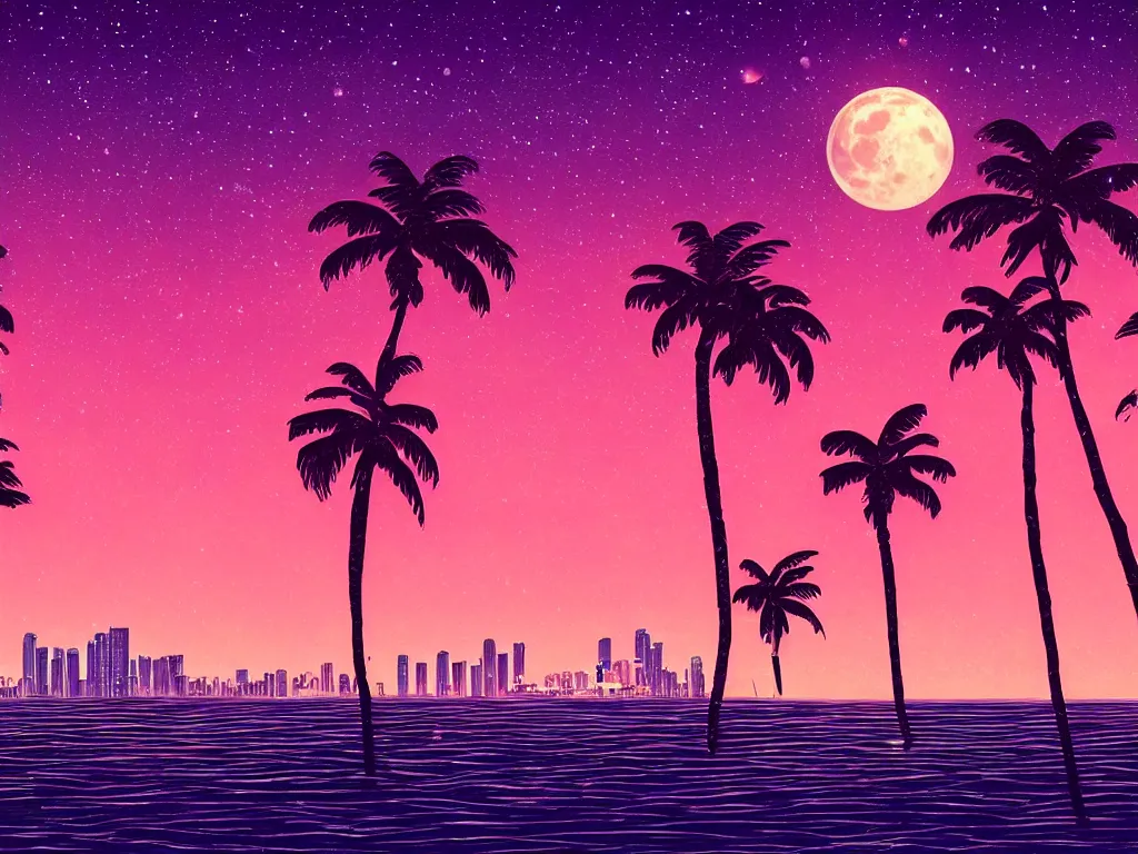 Image similar to night on a summer miami beach, city on the background, palm trees, footprints in the sand, full moon reflected in the calm ocean, starry sky, 8 k, ultra detailed, trending on artstation, digital painting, synthwave and retrowave style, pink color scheme