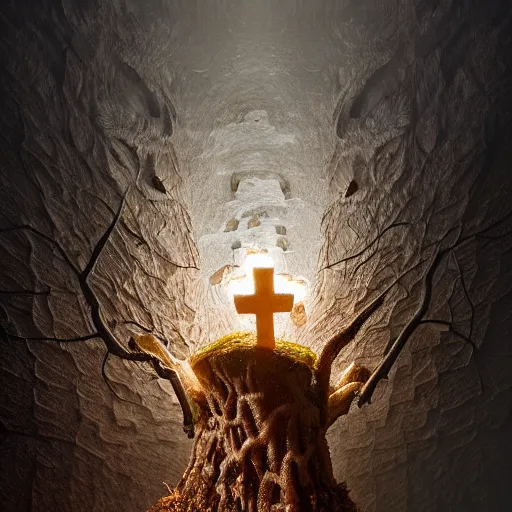 Image similar to a beautiful macro photography on a rotten stump is a small family of conical oyster mushrooms, which are suspiciously reaching for an unusual symbol on the wall depicting a dissected cross, hyper detailed, warm volumetric lights, made by gerald brom and mike winkelmann, photorealism