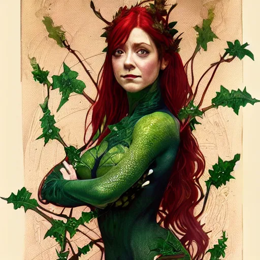 Prompt: a stunningly detailed tarot card of a beautiful alyson hannigan dressed as poison ivy with white skin and with hair tied in a braid, dark eyeliner, intricate, elegant, highly detailed, digital painting, artstation, concept art, sharp focus, illustration, art by greg rutkowski and alphonse mucha