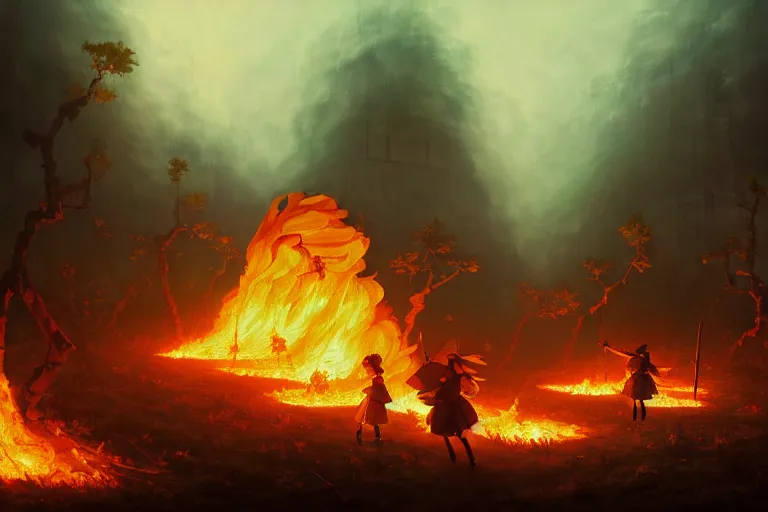 Image similar to baroque oil painting of key visual concept art of anime maids burning down a forest of elves, brutalist, dark fantasy, rule of thirds golden ratio, fake detail, trending pixiv fanbox, acrylic palette knife, style of makoto shinkai studio ghibli genshin impact james gilleard greg rutkowski chiho aoshima