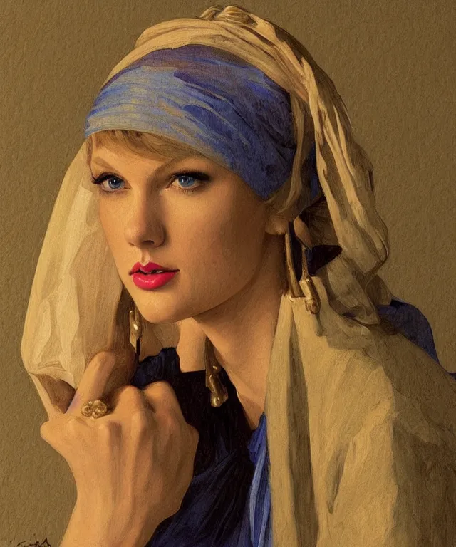 Image similar to Taylor Swift as the girl with the pearl earring, highly detailed, digital painting, artstation, concept art, smooth, sharp focus, illustration, ArtStation, art by artgerm and greg rutkowski and alphonse mucha and J. C. Leyendecker and Edmund Blair Leighton and Katsuhiro Otomo and Geof Darrow and Phil hale and Ashley wood and Ilya repin and Charlie Bowater