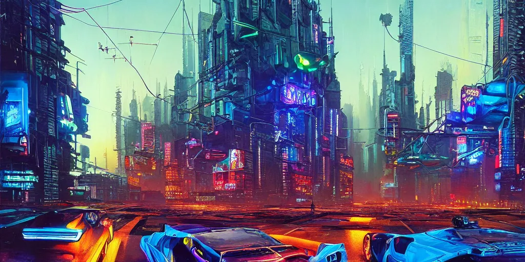 Prompt: cyberpunk night street, flying cars, neon billboards, hyper-realism, futurism!, future!!, 8k, sharp ages, hd, clear lines!!, hard shadows, ultra detailed, style of John Berkey, Norman Rockwell, Hans Thoma, Ivan Shishkin, Tyler Edlin, Thomas Kinkad