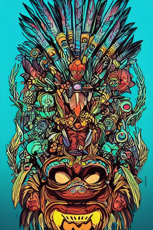 Image similar to totem animal mask tribal feather gemstone plant wood rock shaman vodoo video game vector illustration vivid multicolor borderlands comics by josan gonzales and dan mumford radiating a glowing aura