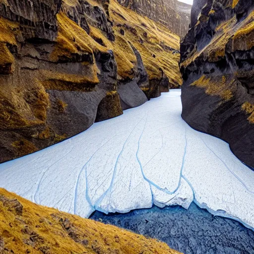 Prompt: a canyon in iceland with a frozen river at the bottom.