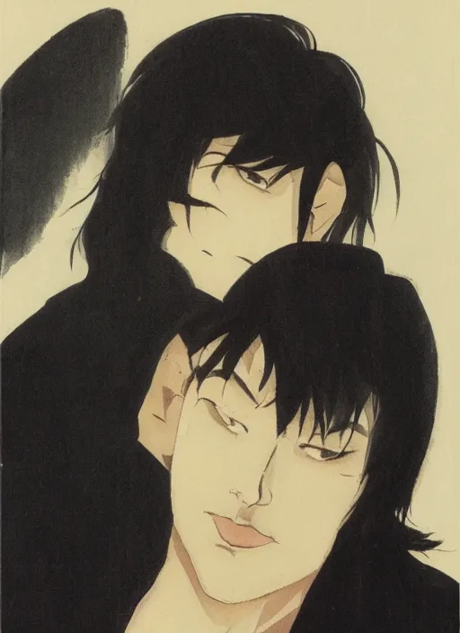 Prompt: portrait by yoji shinakawa, handsome male vampire, focus on face, pretty, long black hair, dark blue shirt, light brown coat