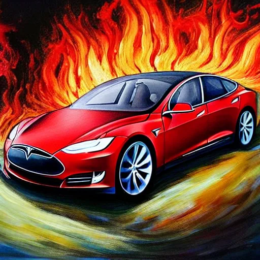 Image similar to a beautiful complex painting of a tesla on fire