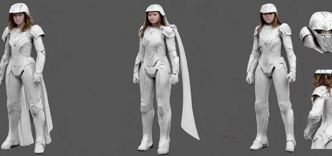 Image similar to character sheet concept art of sadie sink in white mjolnir halo armor, realistic, hyperrealistic, photographic, costume, wlop, dan mumford, greg rutkowski, high detail, octane render, alexander mcqueen, james gurney, james jean, mucha, photo, 8 k, intricate