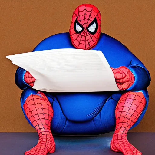 Prompt: portrait photo of old, fat spiderman doing taxes