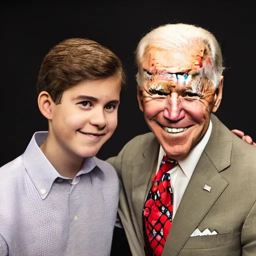 Image similar to A portrait photo of joe biden teams up with a teenage joe biden, perfect faces, 50 mm, award winning photography