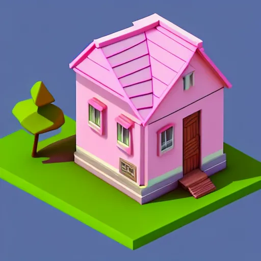 Prompt: isometric village house, 3 d icon for mobile game, blender 3 d, pink scheme, octane render, 8 k resolution