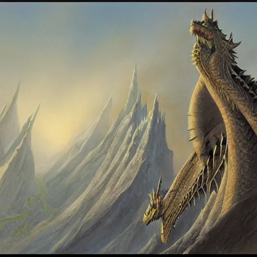 Image similar to dragons circling a tall mountain spire, by john howe