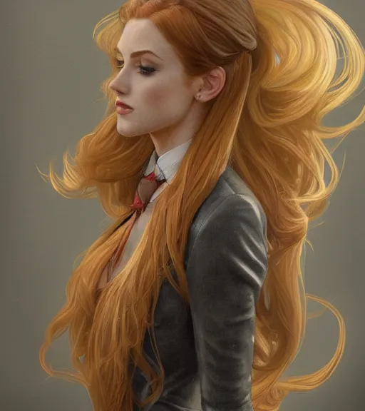 Image similar to katherine mcnamara wearing a golden dress, grey hair, red necktie, cinematic, stunning, highly detailed, digital painting, artstation, smooth, hard focus, full body shot, illustration, art by artgerm and greg rutkowski and alphonse mucha