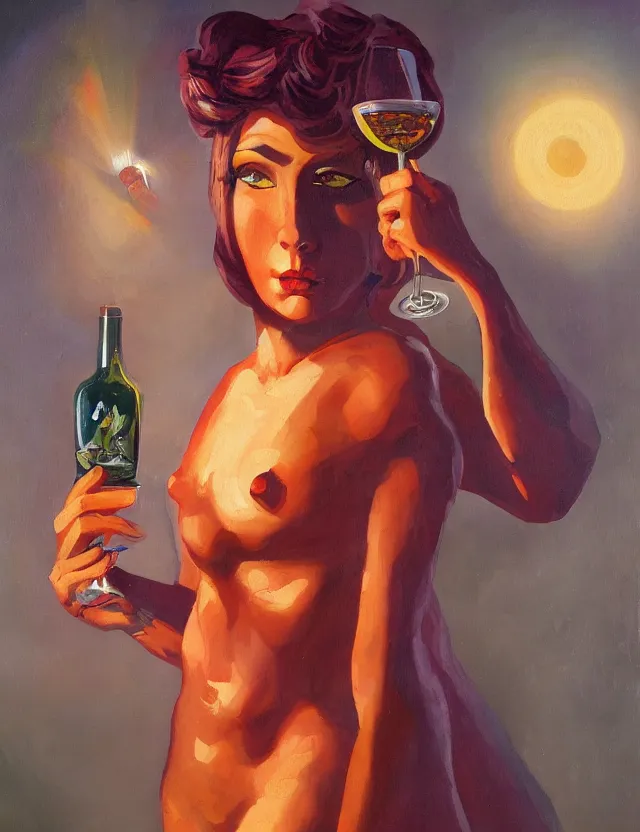 Prompt: androgynous deity of starlight and wine. this oil painting by the award - winning pulp artist has interesting color contrasts, plenty of details and impeccable lighting.