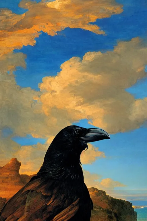 Image similar to a breathtakingly stunningly beautifully highly detailed extreme close up portrait of a raven, a rock arch overhead framing shot, epic coves crashing waves plants, beautiful clear harmonious composition, dynamically shot, wonderful strikingly vivid orange beautiful dynamic sunset with epic clouds, detailed organic textures, by frederic leighton and rosetti and turner and eugene von guerard, 4 k