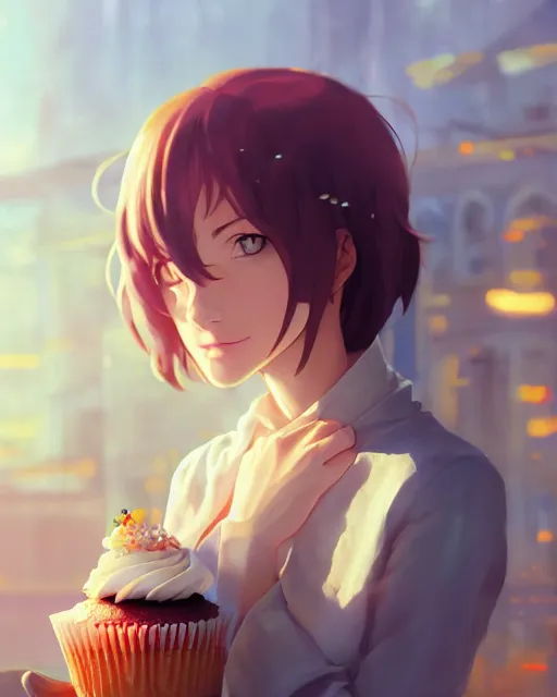 Image similar to a woman eating a cupcake, full shot, atmospheric lighting, detailed face, by makoto shinkai, stanley artgerm lau, wlop, rossdraws