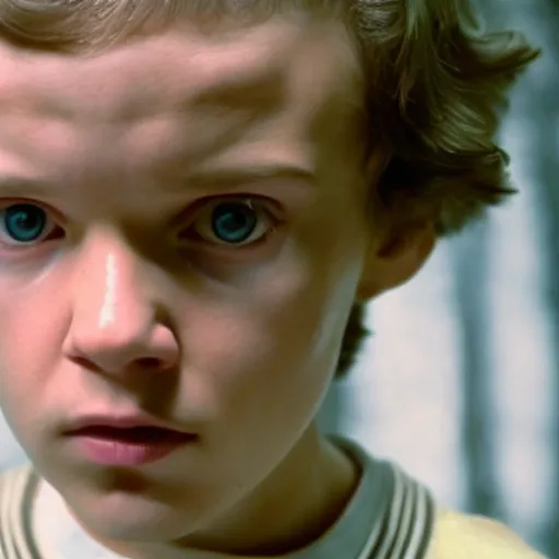 Prompt: A still of Eleven from Stranger Things giving the Kurbick stare in The Shining (1980)