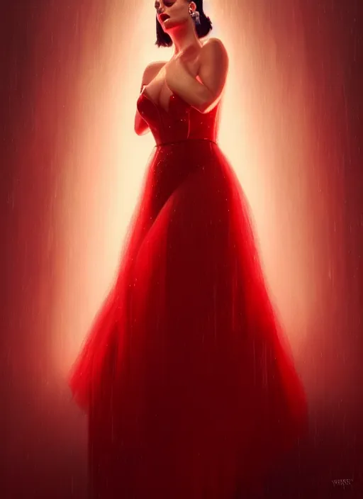 Image similar to portrait of katy perry in a red dress, intricate, elegant, glowing lights, highly detailed, digital painting, artstation, concept art, smooth, sharp focus, illustration, art by wlop, mars ravelo and greg rutkowski, hyper realistic photography