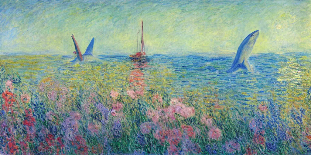 Image similar to flowers as long as the eyes can see, giant shark in the distance, in the style of monet, oil painting, 1 6 k