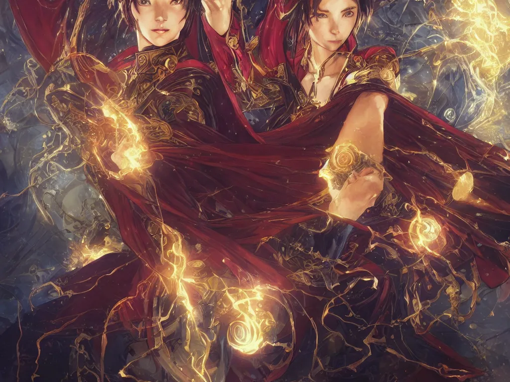 Image similar to anime key visual of one beautiful female doctor strange, marvel comics, spells, magic, intricate, inside magical temple stunning, highly detailed, digital painting, artstation, smooth, hard focus, illustration, art by artgerm and greg rutkowski and alphonse mucha