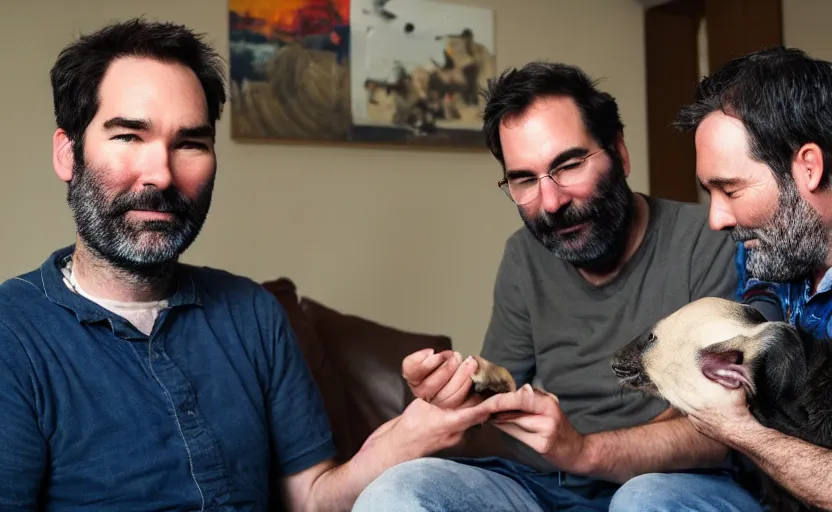 Image similar to adam buxton and his dog rosie recording a podcast with joe cornish. photorealistic