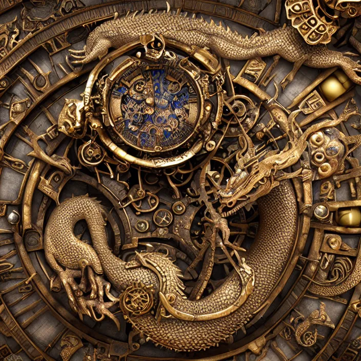 Image similar to highly detailed ancient clockwork artifact depicting a dragon made of bronze and ivory and encrusted with precious jewels, beautiful patina, ethereal, esoteric, zbrush sculpt, octane render, intricate, ornate, cinematic lighting, hyperrealistic, ancient steampunk vibe