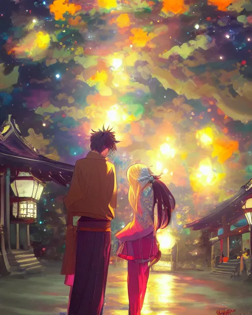 Image similar to beautiful anime painting of a boy and a girl from behind at a shinto shrine looking up at the night sky illuminated by colorful new years fireworks, by WLOP and Slawek Fedorczuk and rossdraws, trending on artstation, concept art