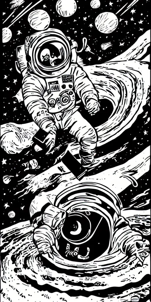 Image similar to full color, mcbess poster , astronaut drifting into a black hole