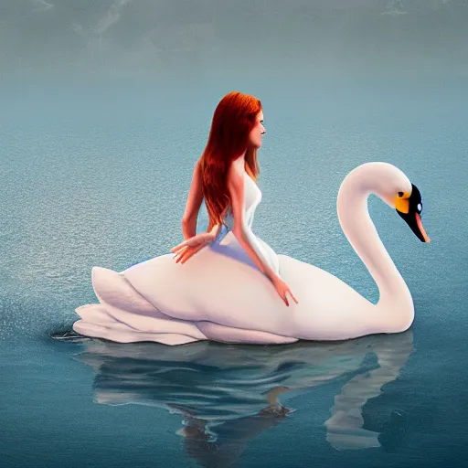 Image similar to a princess riding a giant swan in the lake, trending on artstation