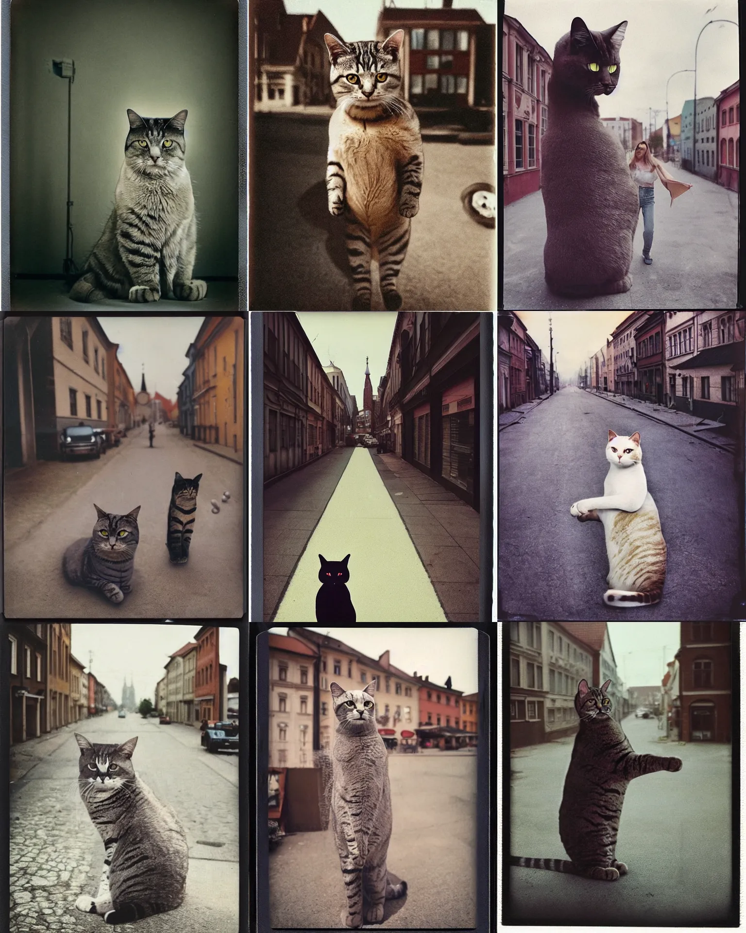 Prompt: giant oversized cat as cat cyborg, in legnica, c polaroid photo, vintage, neutral dull colors, soft lights, realistic film still by animal planet, by gregory crewdson