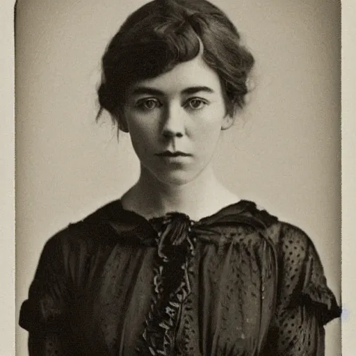 Image similar to victorian photograph of vanessa kirby, 1 8 9 0 s photography, 1 9 0 0, realistic face, symmetrical face, studio photograph, grainy, edwardian, old photo